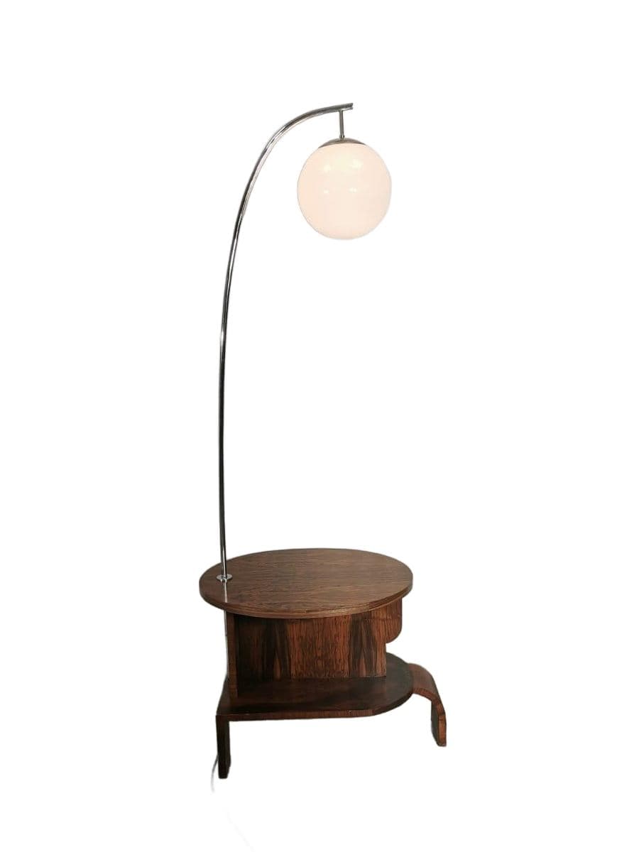 Table lamp, white glass, chrome metal, wood, Czechoslovakia, 1960s. - 47951