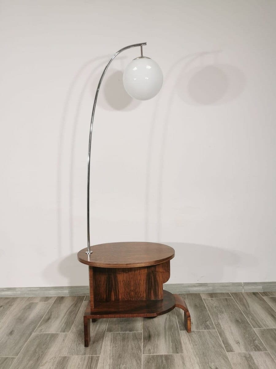 Table lamp, white glass, chrome metal, wood, Czechoslovakia, 1960s. - 47952