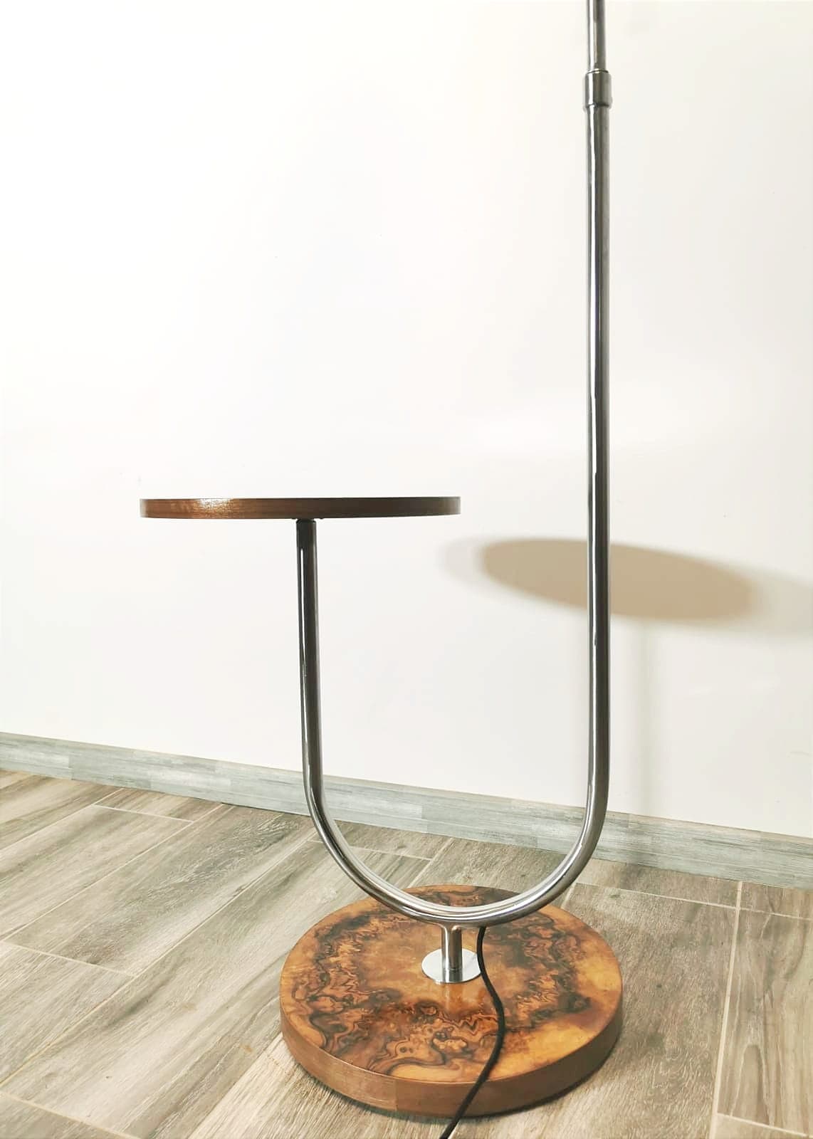 Floor lamp with side table, brown wood, chrome steel, by R. Slezak, Thonet, Czechoslovakia, 1930s. - 48018
