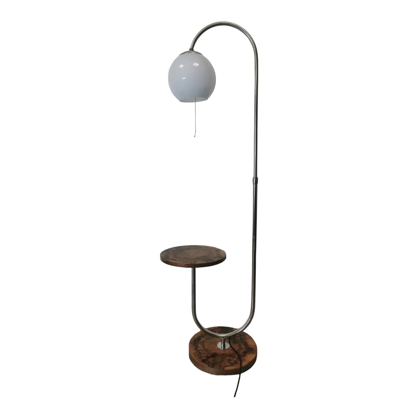 Floor lamp with side table, brown wood, chrome steel, by R. Slezak, Thonet, Czechoslovakia, 1930s.