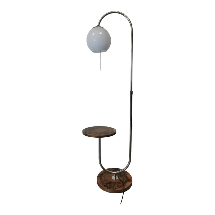 Floor lamp with side table, brown wood, chrome steel, by R. Slezak, Thonet, Czechoslovakia, 1930s.