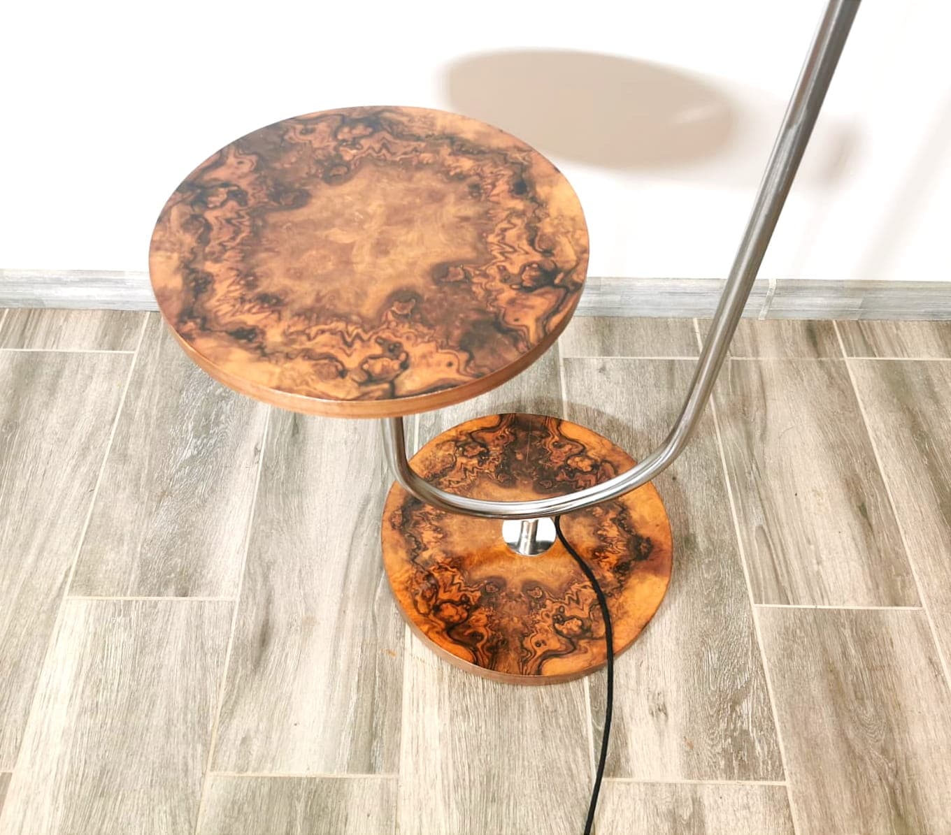 Floor lamp with side table, brown wood, chrome steel, by R. Slezak, Thonet, Czechoslovakia, 1930s. - 48019