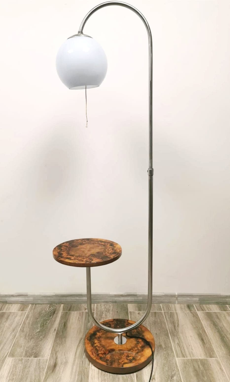 Floor lamp with side table, brown wood, chrome steel, by R. Slezak, Thonet, Czechoslovakia, 1930s. - 48017