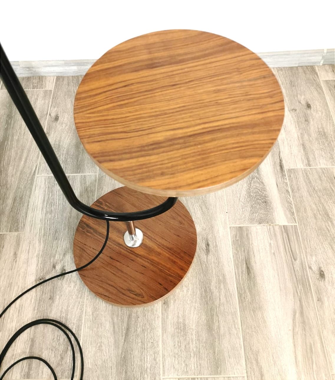 Floor lamp with side table, brown wood, chrome metal, by R. Slezak, Thonet, Czechoslovakia, 1930s. - 48015