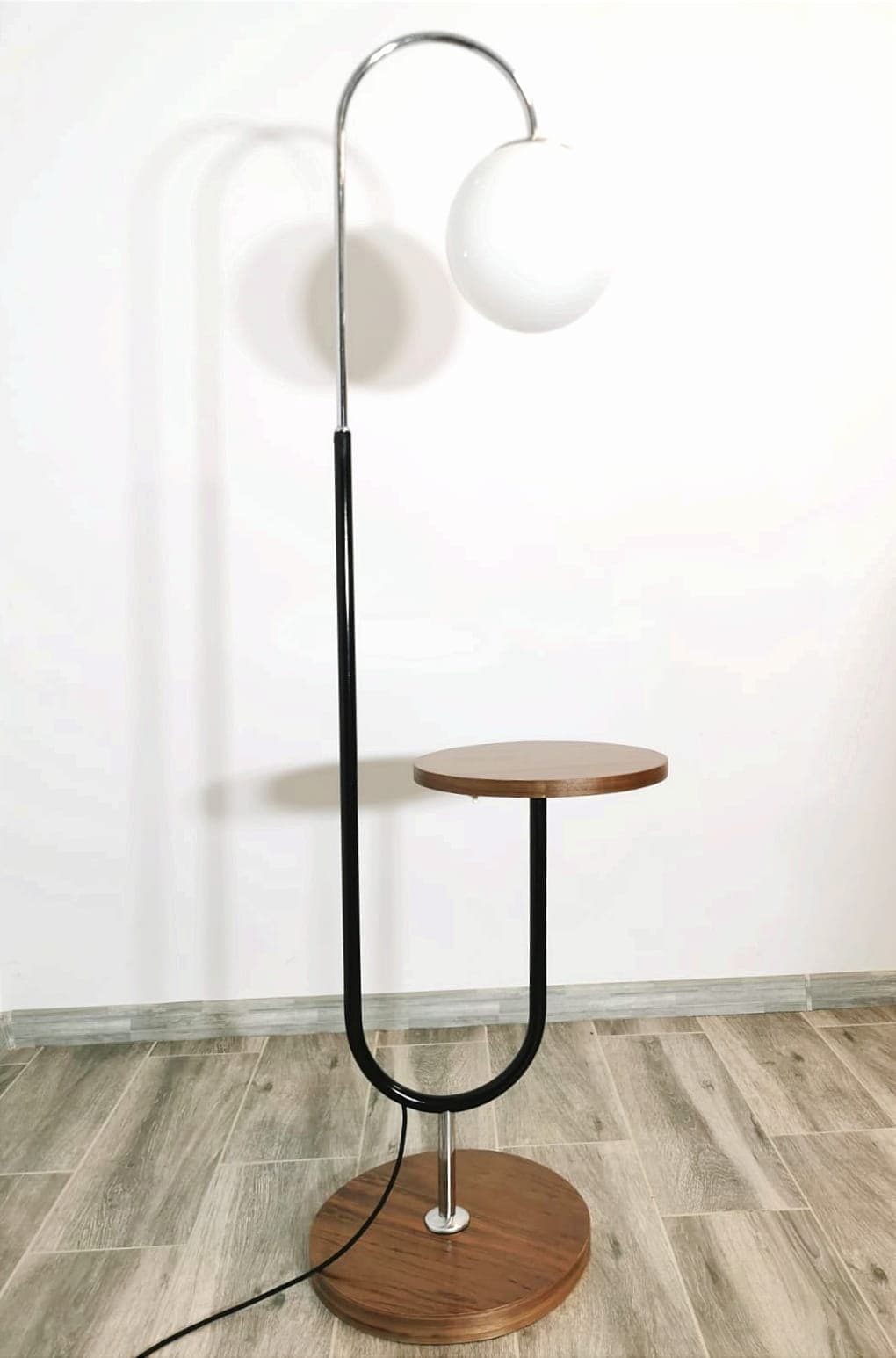 Floor lamp with side table, brown wood, chrome metal, by R. Slezak, Thonet, Czechoslovakia, 1930s. - 48014