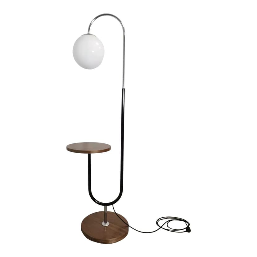Floor lamp with side table, brown wood, chrome metal, by R. Slezak, Thonet, Czechoslovakia, 1930s.