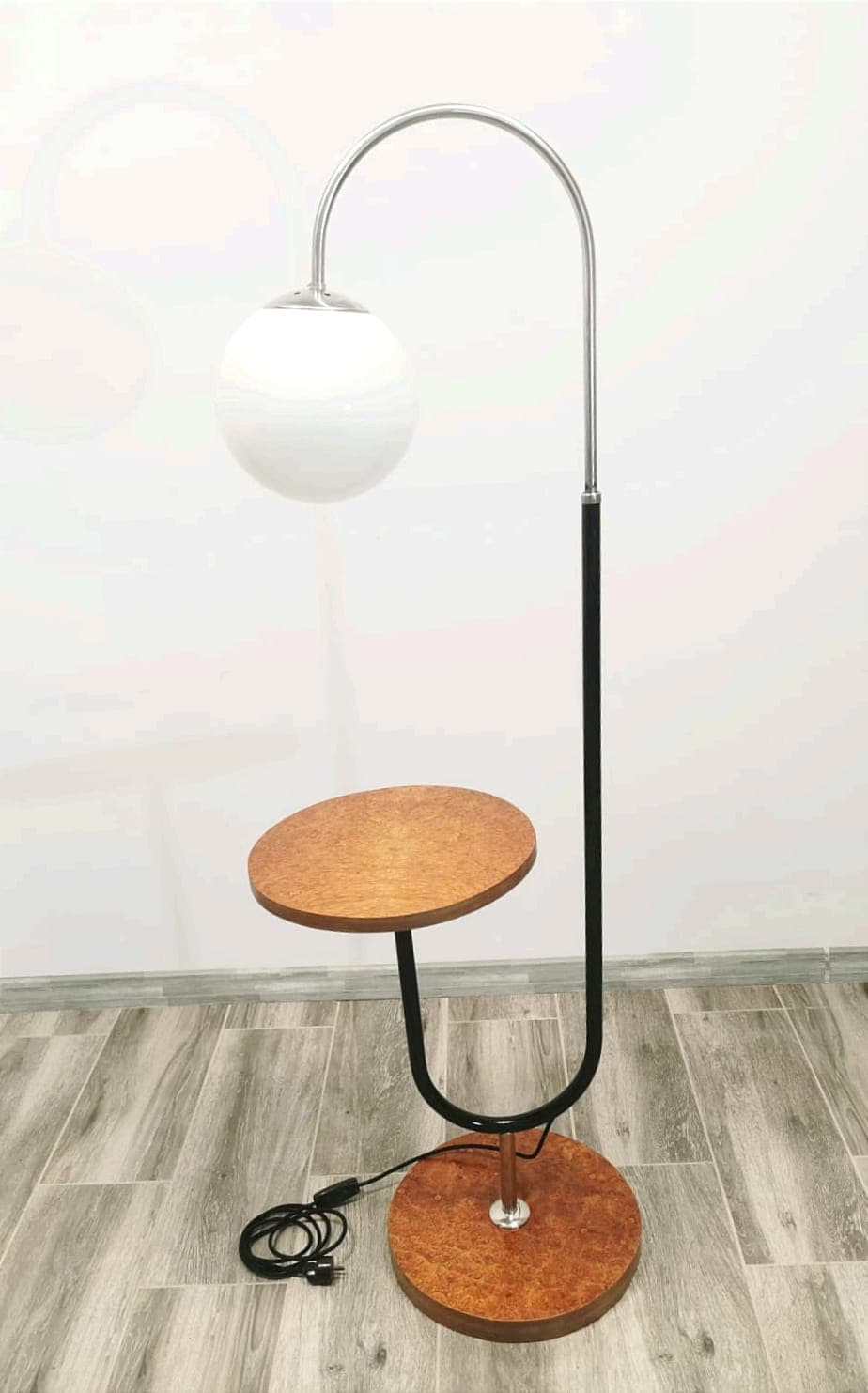 Floor lamp with side table, oak, chrome steel, white glass, by R. Slezak, Thonet, Czechoslovakia, 1930s. - 48010