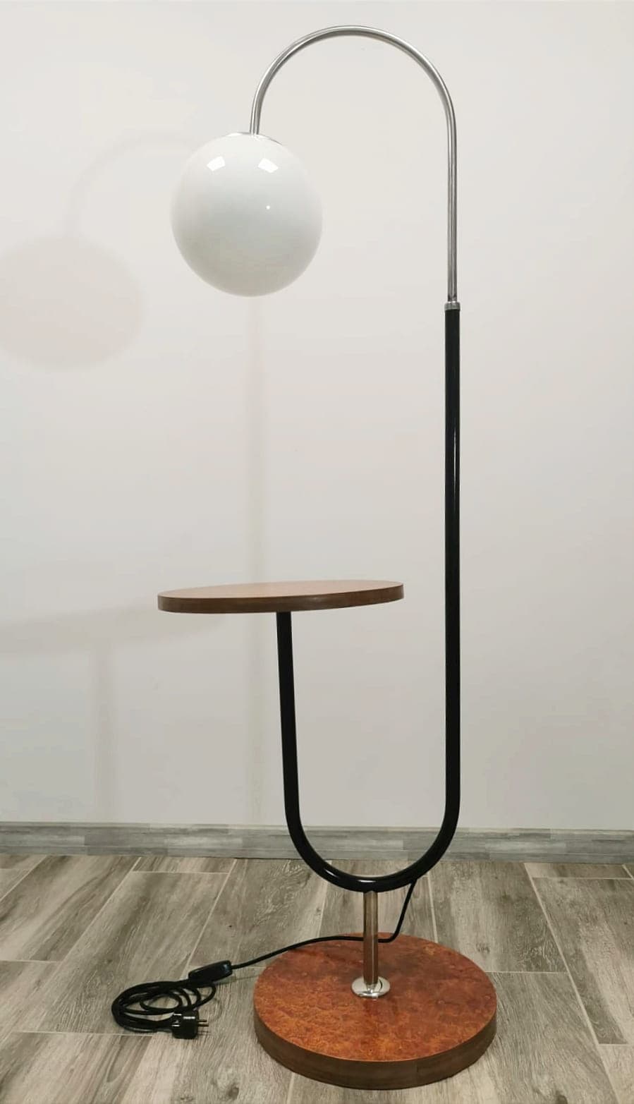 Floor lamp with side table, oak, chrome steel, white glass, by R. Slezak, Thonet, Czechoslovakia, 1930s. - 48009