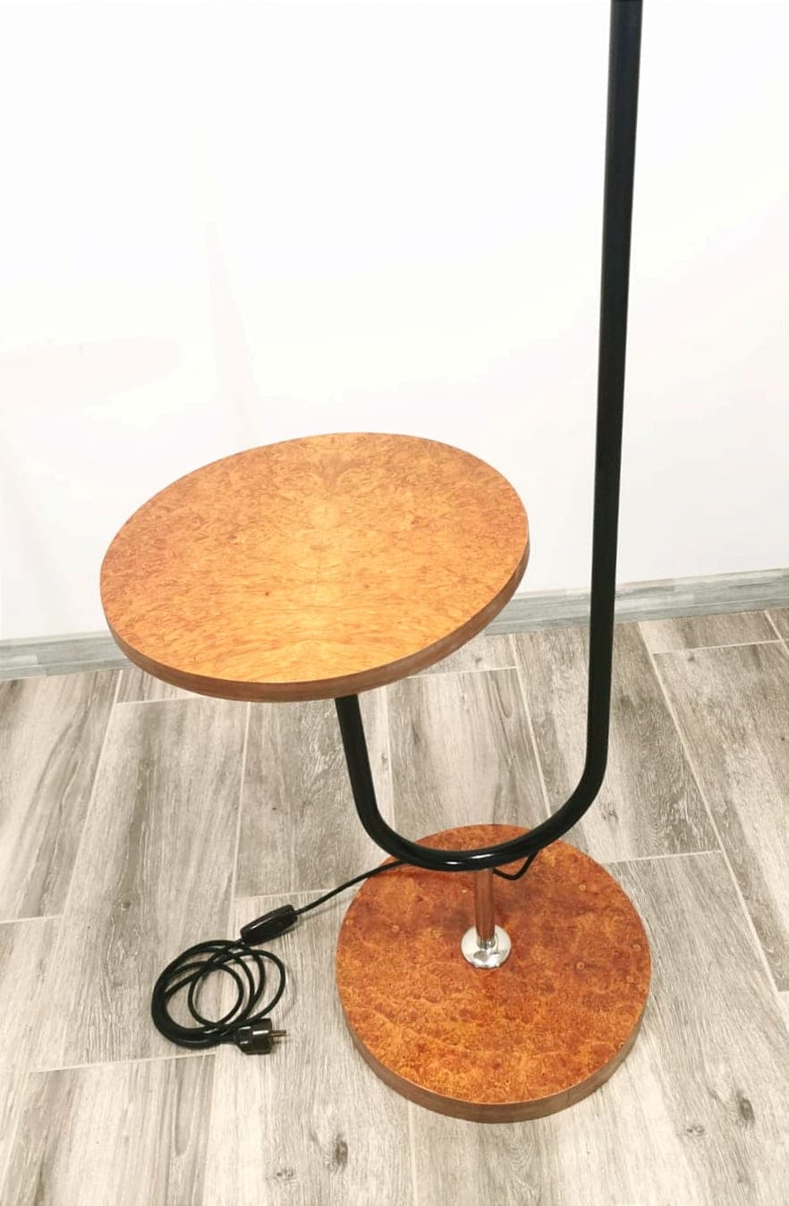 Floor lamp with side table, oak, chrome steel, white glass, by R. Slezak, Thonet, Czechoslovakia, 1930s. - 48011