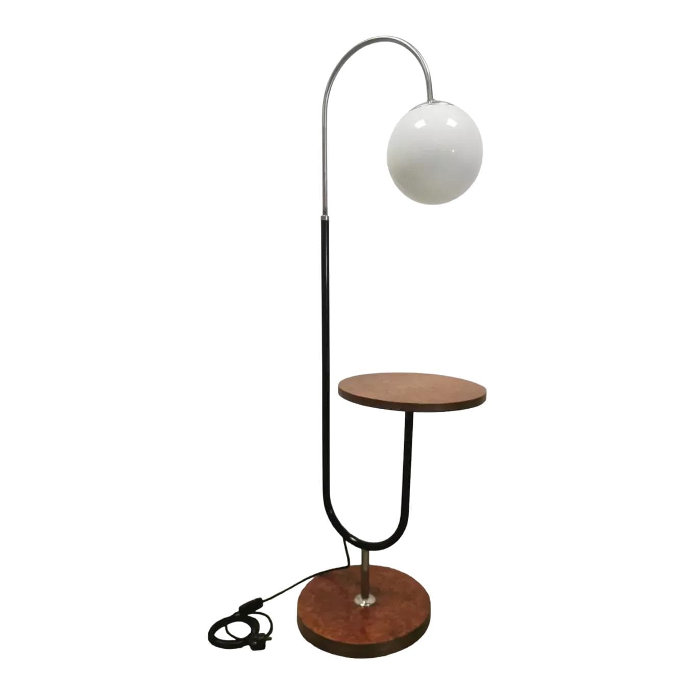 Floor lamp with side table, oak, chrome steel, white glass, by R. Slezak, Thonet, Czechoslovakia, 1930s.