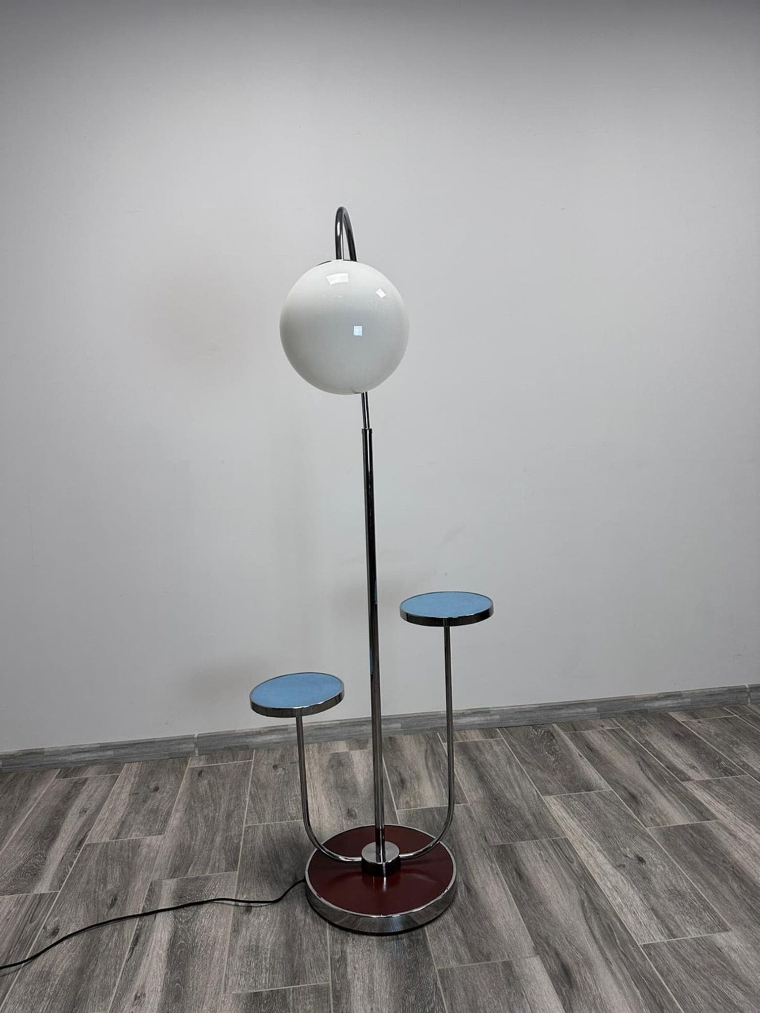 Floor lamp with side table, chrome steel, blue and white glass, maroon wood, by R. Slezak, Thonet, Czechoslovakia, 1930s. - 47994