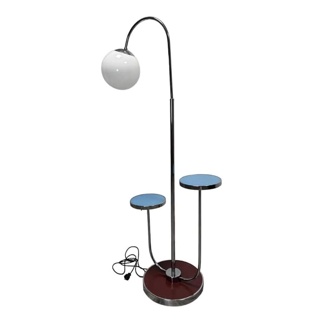 Floor lamp with side table, chrome steel, blue and white glass, maroon wood, by R. Slezak, Thonet, Czechoslovakia, 1930s. - DIMENSION