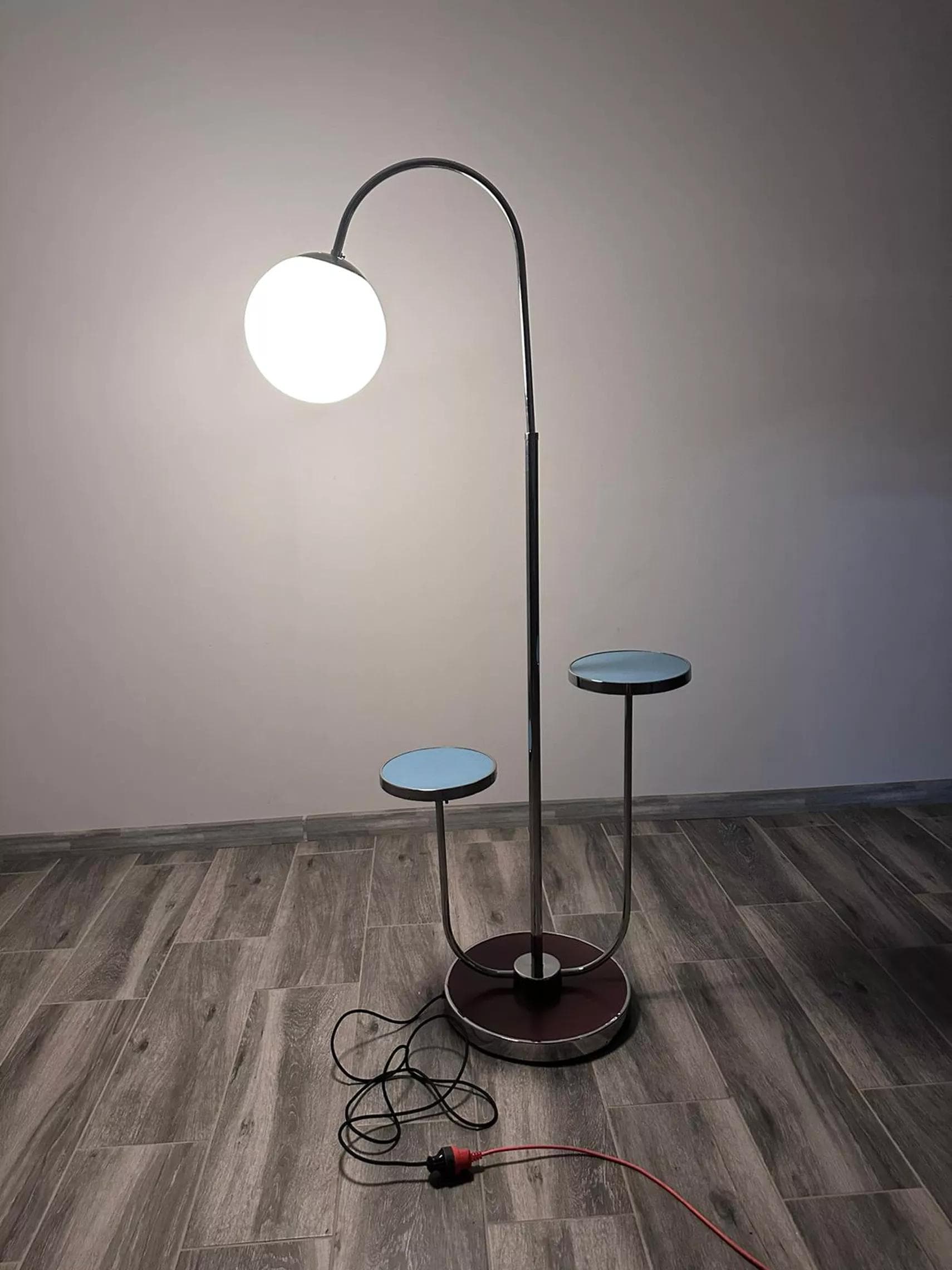 Floor lamp with side table, chrome steel, blue and white glass, maroon wood, by R. Slezak, Thonet, Czechoslovakia, 1930s. - 47995