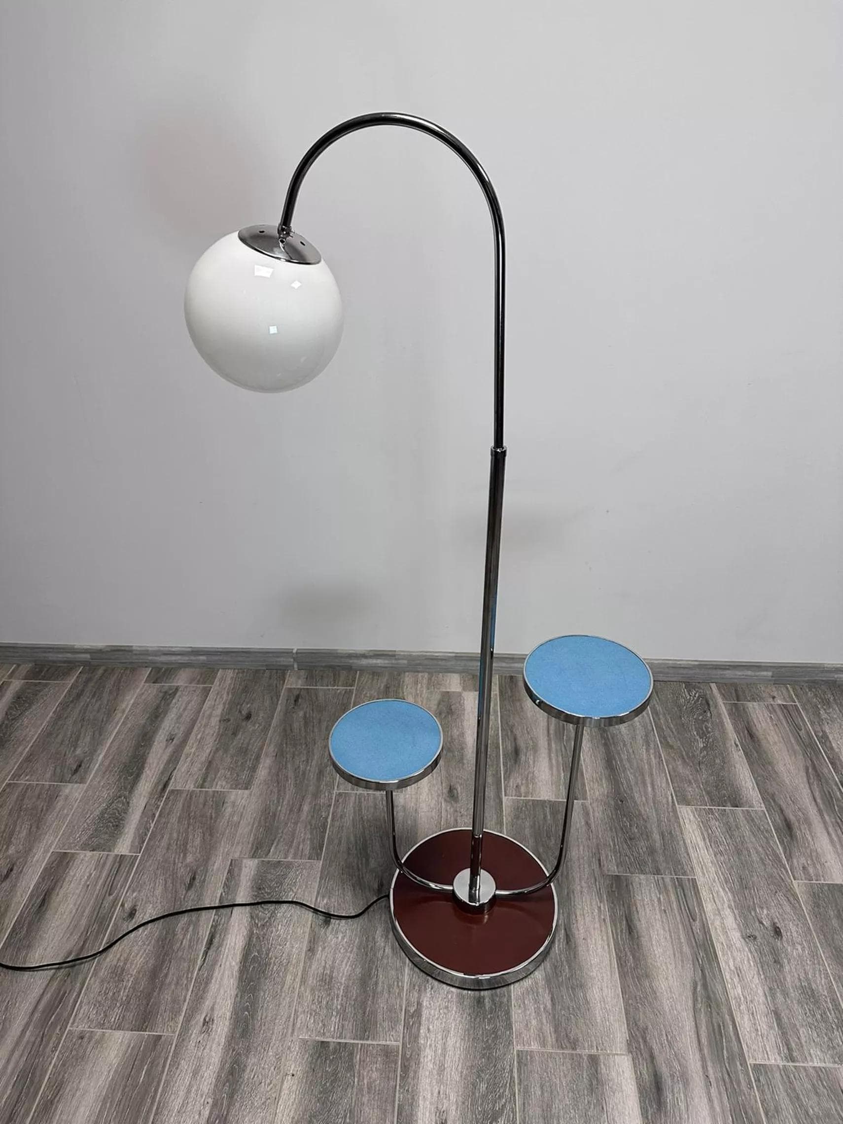 Floor lamp with side table, chrome steel, blue and white glass, maroon wood, by R. Slezak, Thonet, Czechoslovakia, 1930s. - 47993
