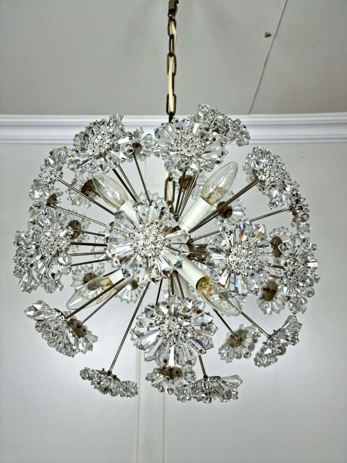 Pendant lamp Sputnik, silver metal, crystal, Kamenický Šenov, Czechoslovakia, 1960s. - 48106