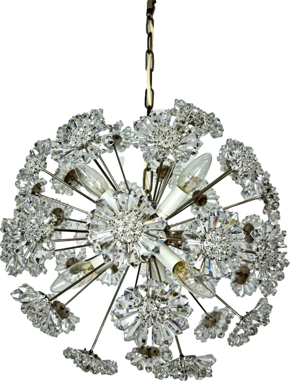 Pendant lamp Sputnik, silver metal, crystal, Kamenický Šenov, Czechoslovakia, 1960s.