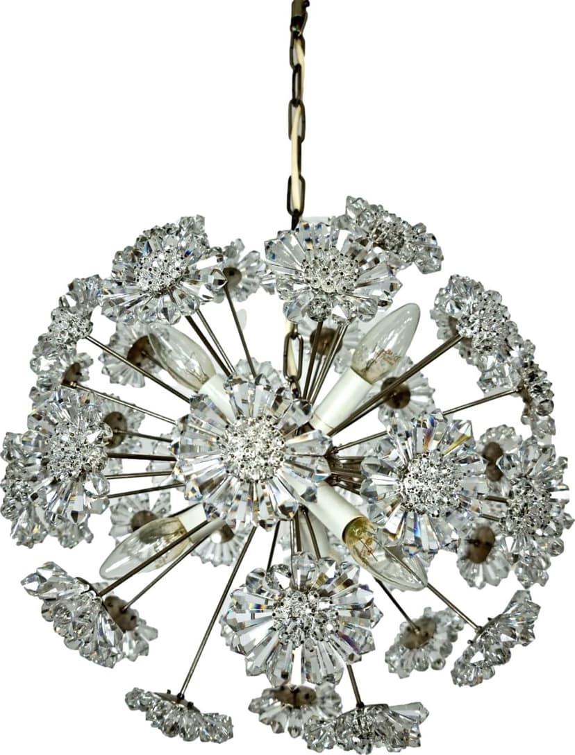 Pendant lamp Sputnik, silver metal, crystal, Kamenický Šenov, Czechoslovakia, 1960s.
