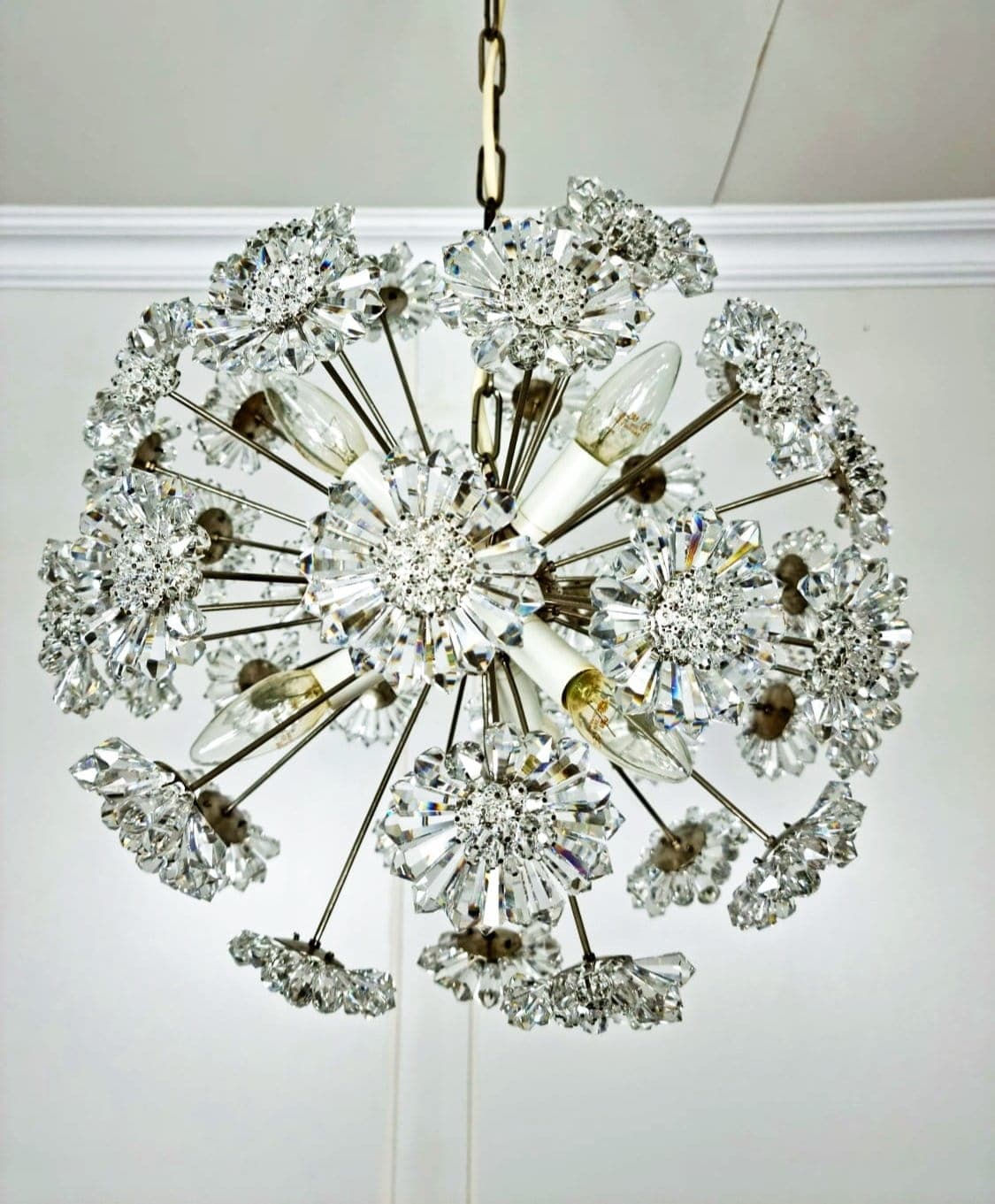 Pendant lamp Sputnik, silver metal, crystal, Kamenický Šenov, Czechoslovakia, 1960s. - 48107