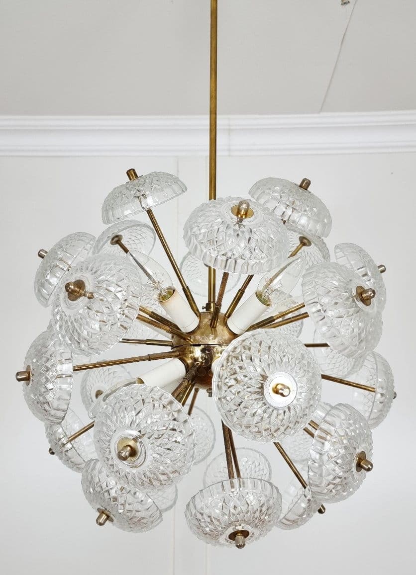 Lampa wisząca Pompeliks, mosiądz copper, szkło transparentne, Kamenický Šenov, Czechy, lata 60. - 48104