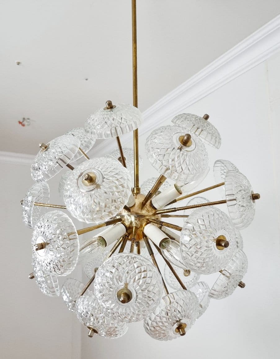 Lampa wisząca Pompeliks, mosiądz copper, szkło transparentne, Kamenický Šenov, Czechy, lata 60. - 48102