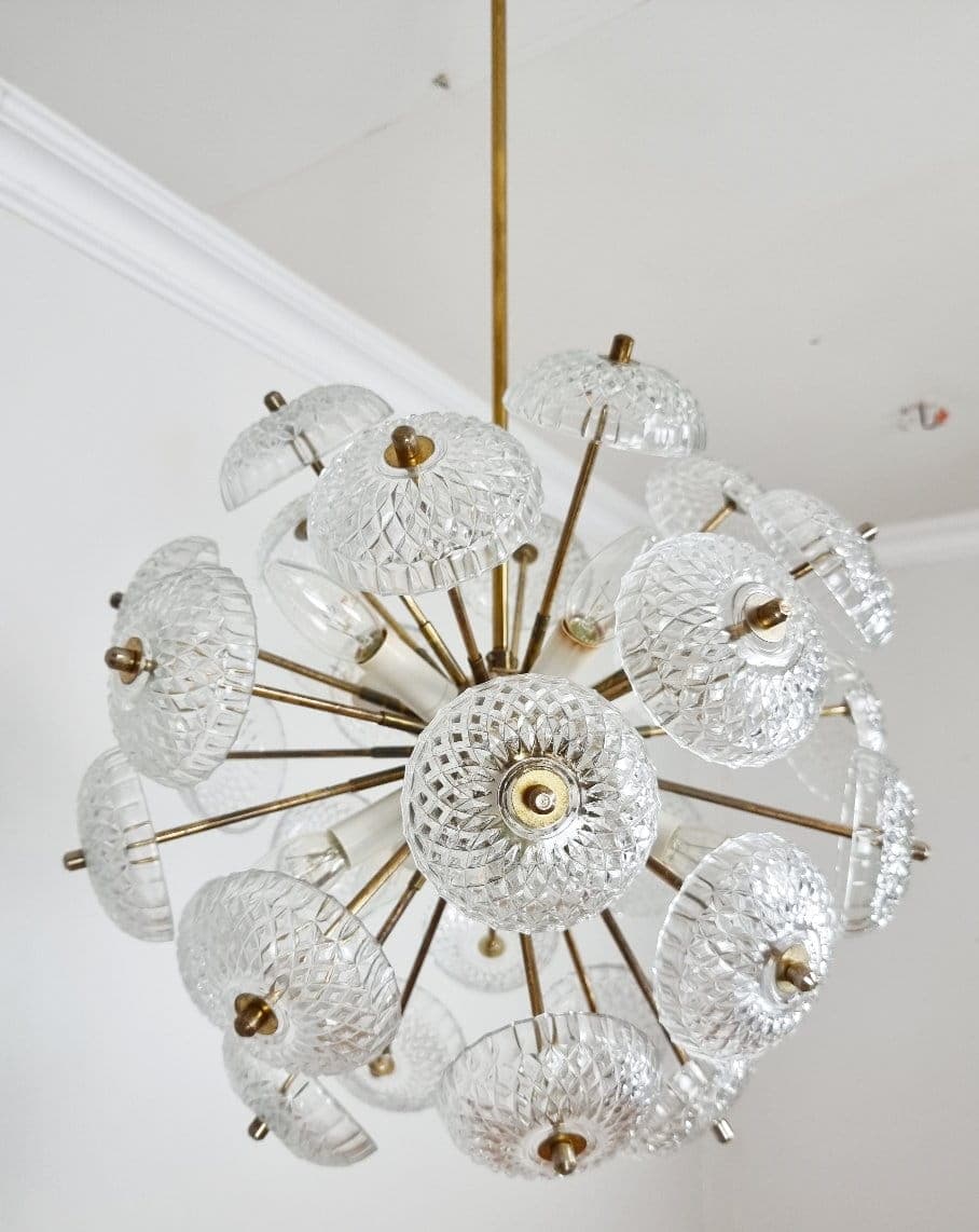 Lampa wisząca Pompeliks, mosiądz copper, szkło transparentne, Kamenický Šenov, Czechy, lata 60. - 48103