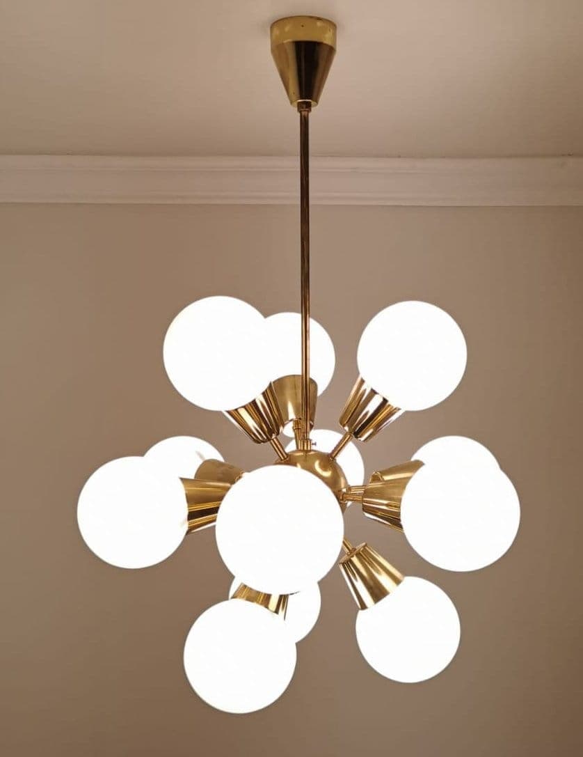 Chandelier Kamenický Šenov, golden brass, white glass, Czechoslovakia, 1960s. - 48091
