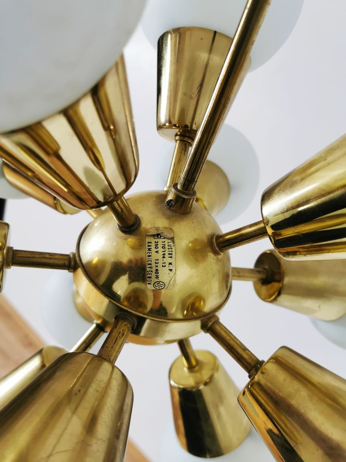 Chandelier Kamenický Šenov, golden brass, white glass, Czechoslovakia, 1960s. - 48092