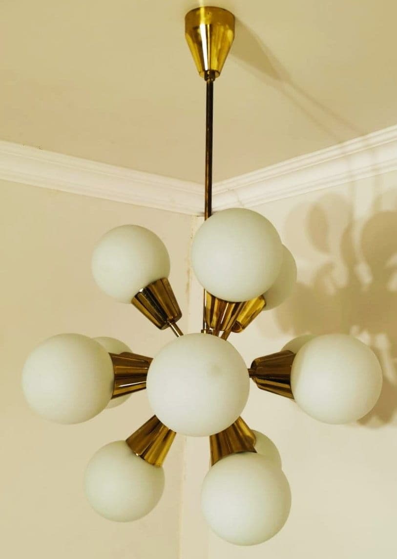 Chandelier Kamenický Šenov, golden brass, white glass, Czechoslovakia, 1960s. - 48090