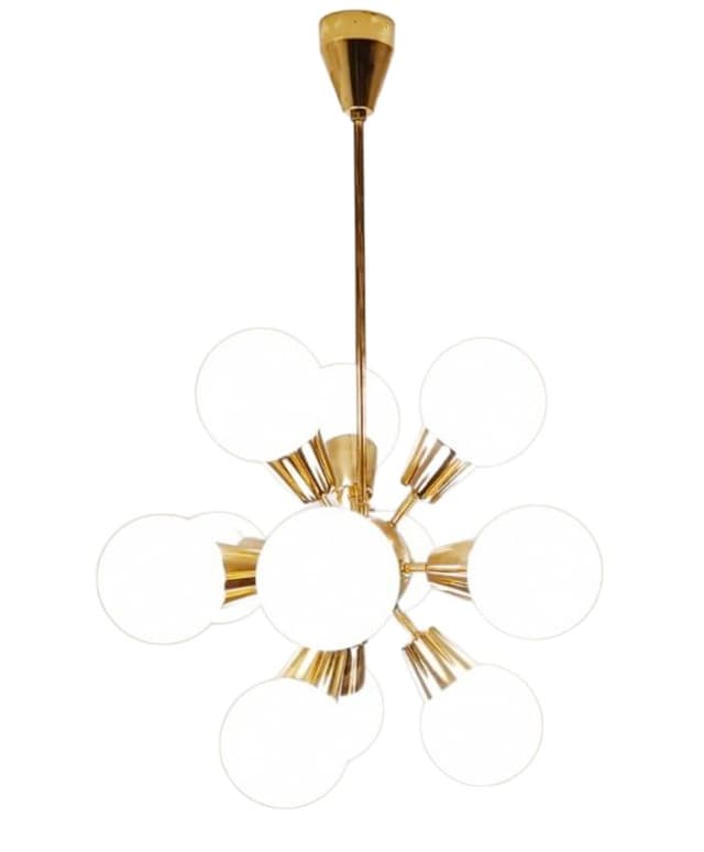 Chandelier Kamenický Šenov, golden brass, white glass, Czechoslovakia, 1960s. - DIMENSION