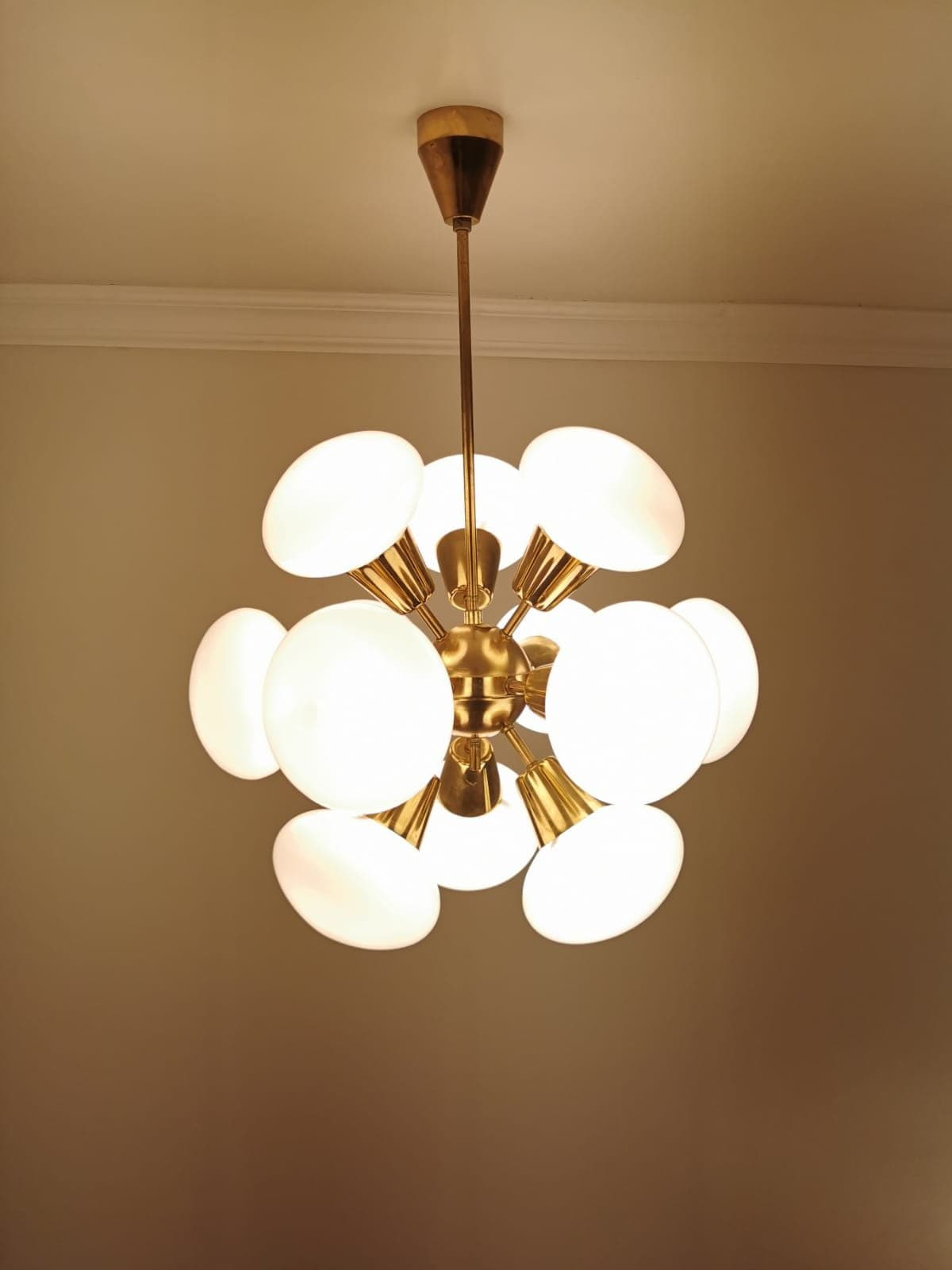 Pendant lamp Sputnik, golden brass, glass, Kamenický Šenov, Czech Republic, 1960s. - 48067