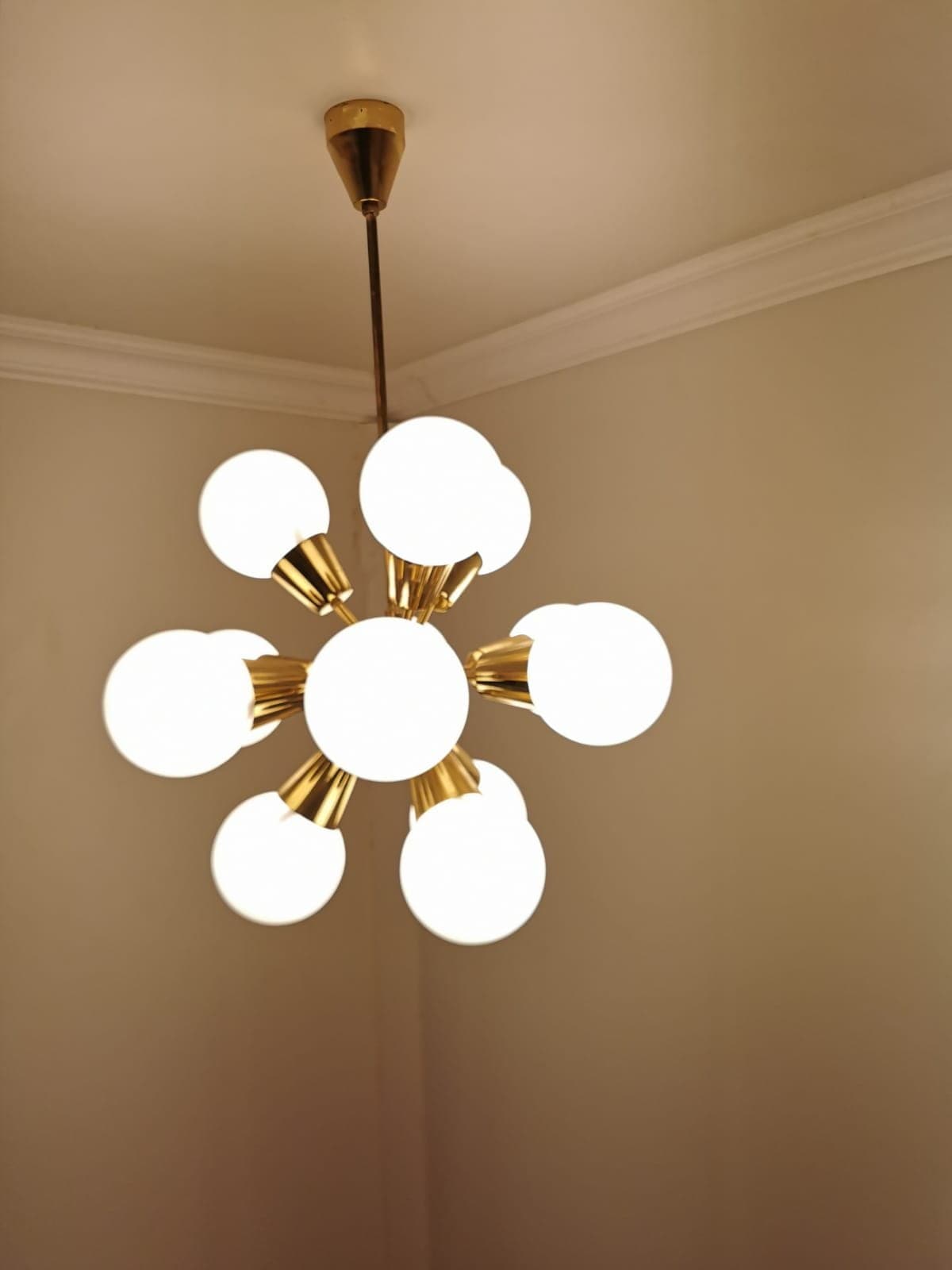 Pendant lamp Sputnik, golden brass, glass, Kamenický Šenov, Czech Republic, 1960s. - 48068