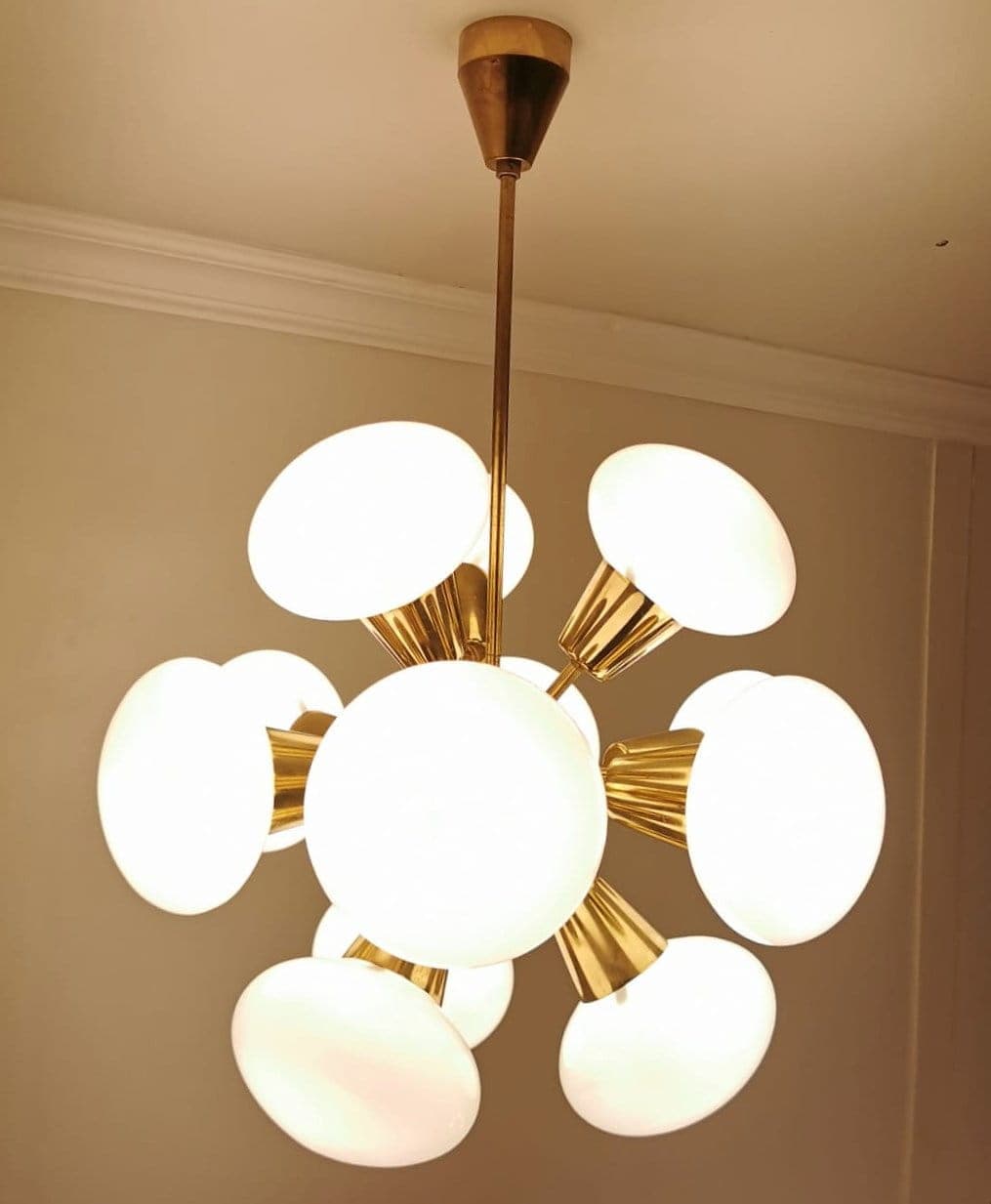 Pendant lamp Sputnik, golden brass, glass, Kamenický Šenov, Czech Republic, 1960s. - 48066