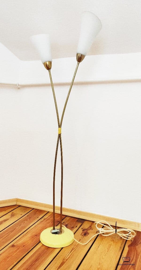 Floor lamp, yellow brass, white glass, Kamenický Šenov, Czechoslovakia, 1960s. - 48048