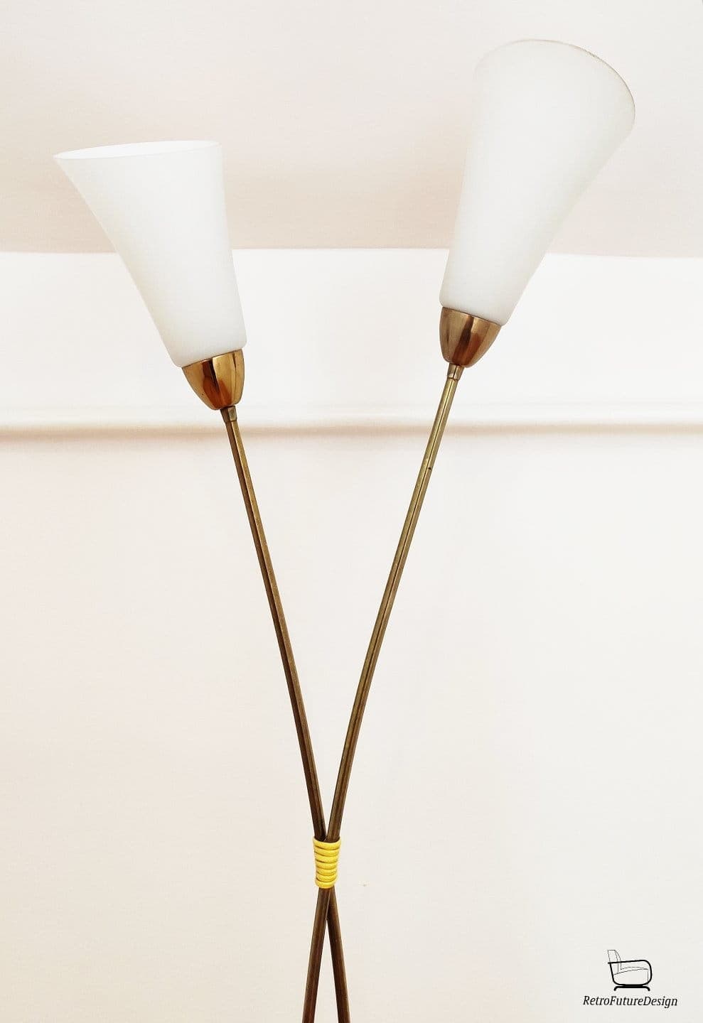Floor lamp, yellow brass, white glass, Kamenický Šenov, Czechoslovakia, 1960s. - 48049