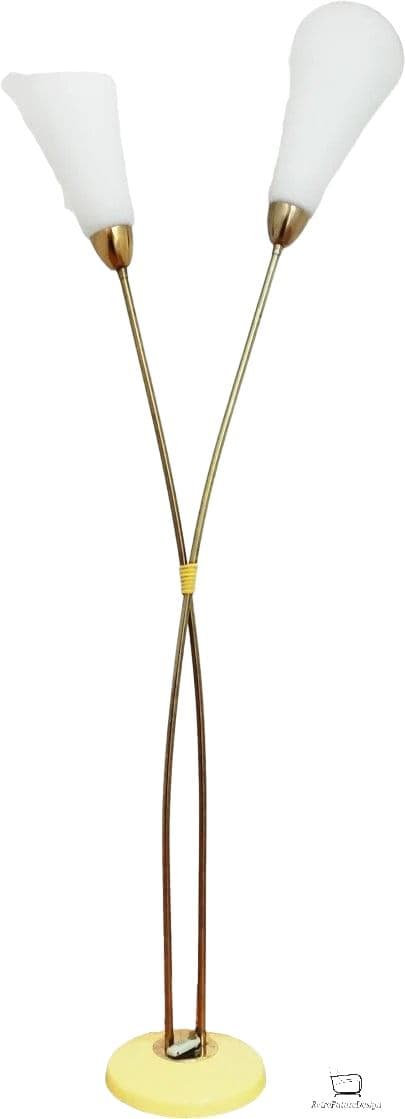 Floor lamp, yellow brass, white glass, Kamenický Šenov, Czechoslovakia, 1960s. - DIMENSION