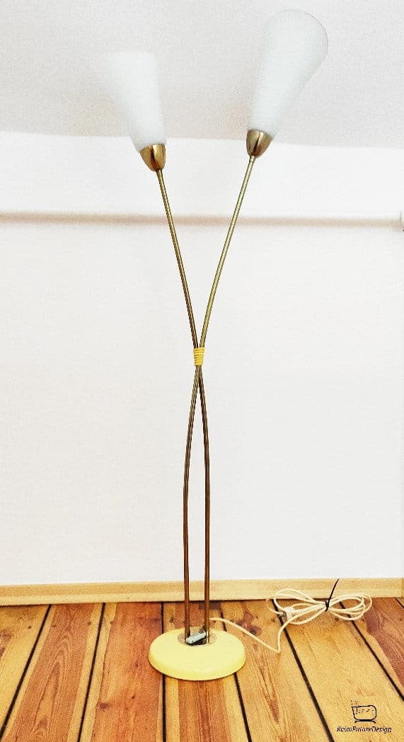 Floor lamp, yellow brass, white glass, Kamenický Šenov, Czechoslovakia, 1960s. - 48047
