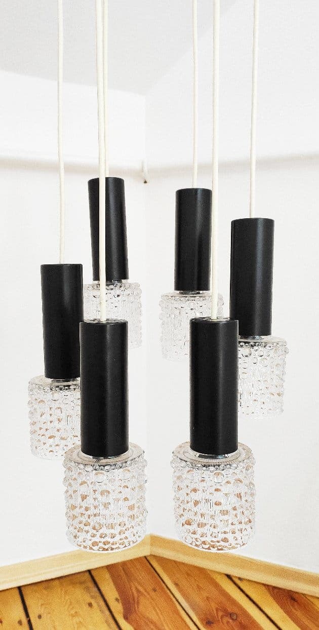 Ceiling lamp six-light, transparent glass, black metal, golden brass, Czechoslovakia, 1970s. - 48031
