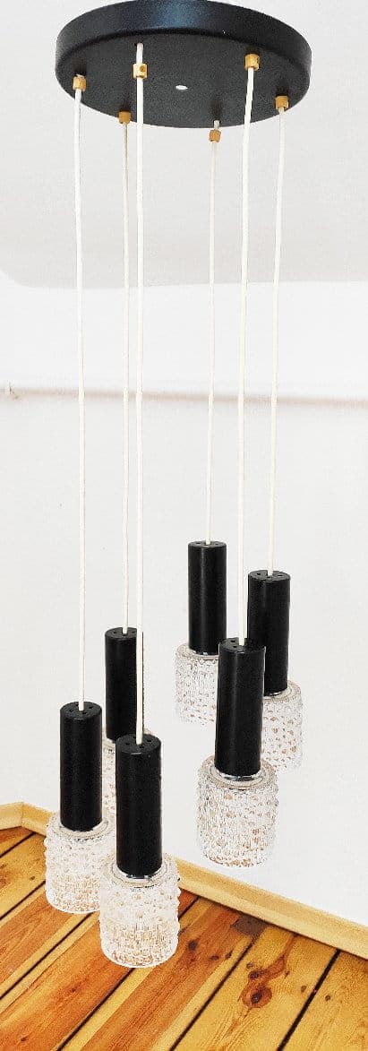 Ceiling lamp six-light, transparent glass, black metal, golden brass, Czechoslovakia, 1970s. - 48030