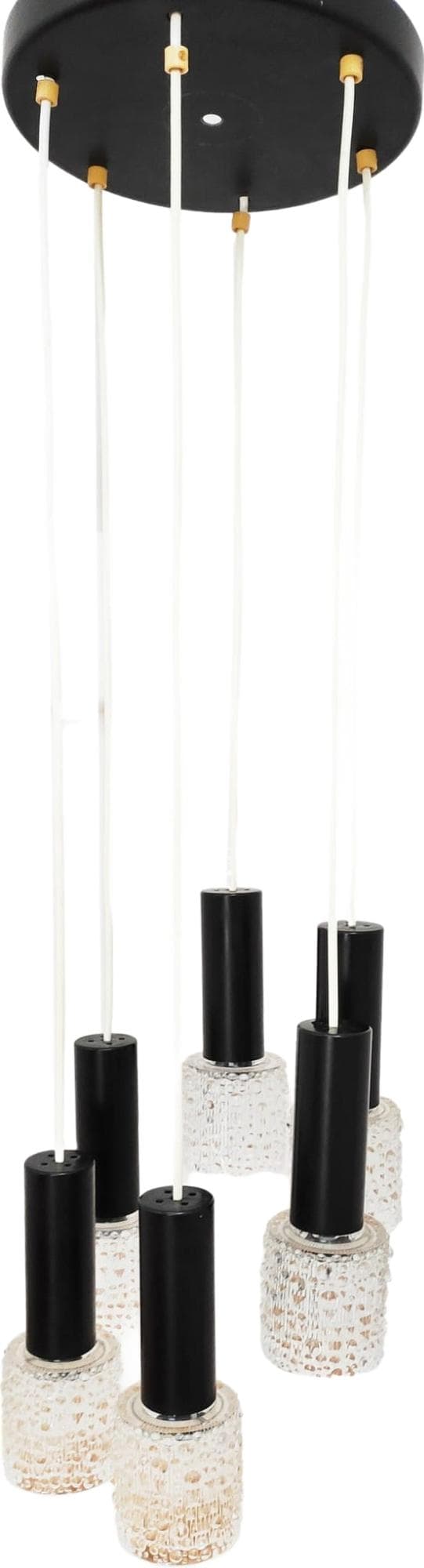 Ceiling lamp six-light, transparent glass, black metal, golden brass, Czechoslovakia, 1970s.