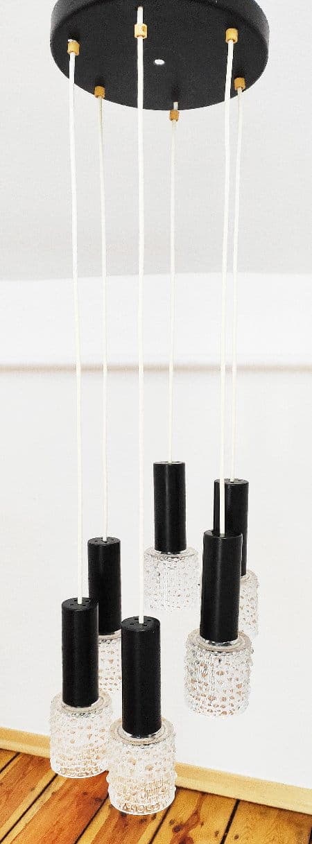 Ceiling lamp six-light, transparent glass, black metal, golden brass, Czechoslovakia, 1970s. - 48029