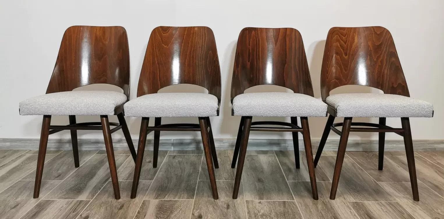 Komplet czterech krzeseł, orzechowo-brązowy, buk, proj. R. Hoffman, TON, Czechosłowacja, lata 60. - 48274
