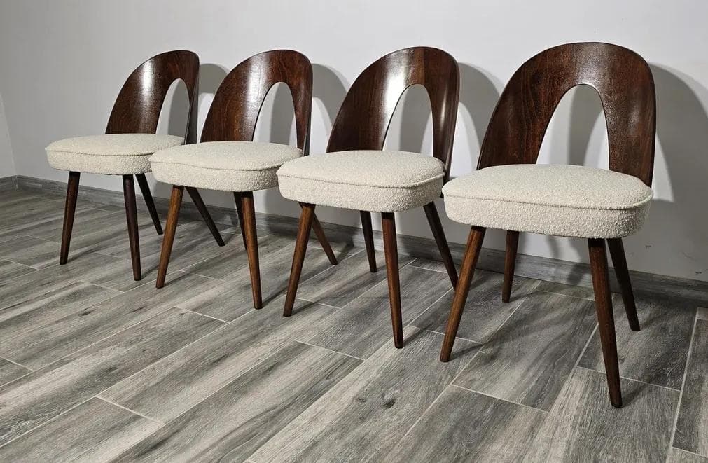 Set of four chairs, beige bouclé, walnut plywood, by A. Suman, Tatra Nabytok, Czechoslovakia, 1960s. - 48270