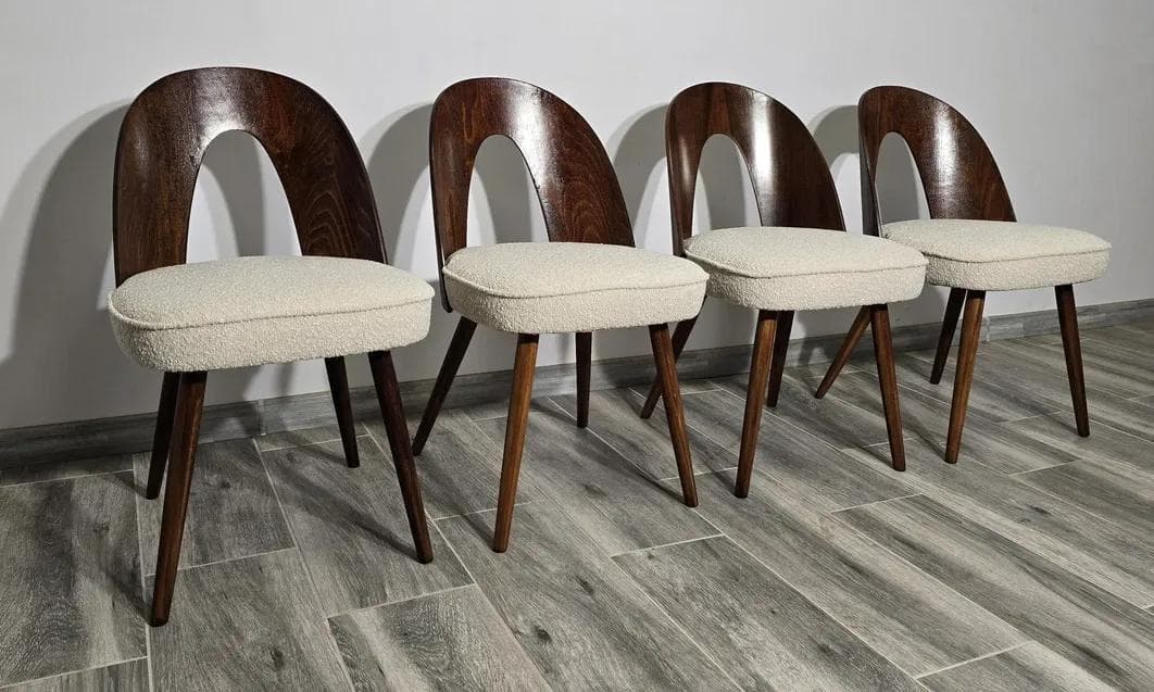 Set of four chairs, beige bouclé, walnut plywood, by A. Suman, Tatra Nabytok, Czechoslovakia, 1960s. - 48271