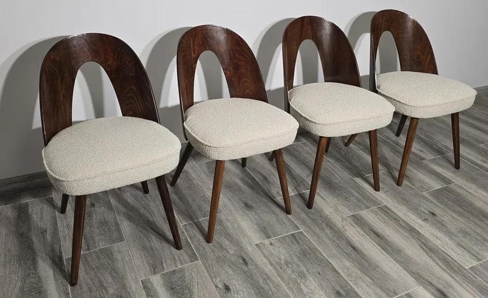 Set of four chairs, beige bouclé, walnut plywood, by A. Suman, Tatra Nabytok, Czechoslovakia, 1960s. - 48272