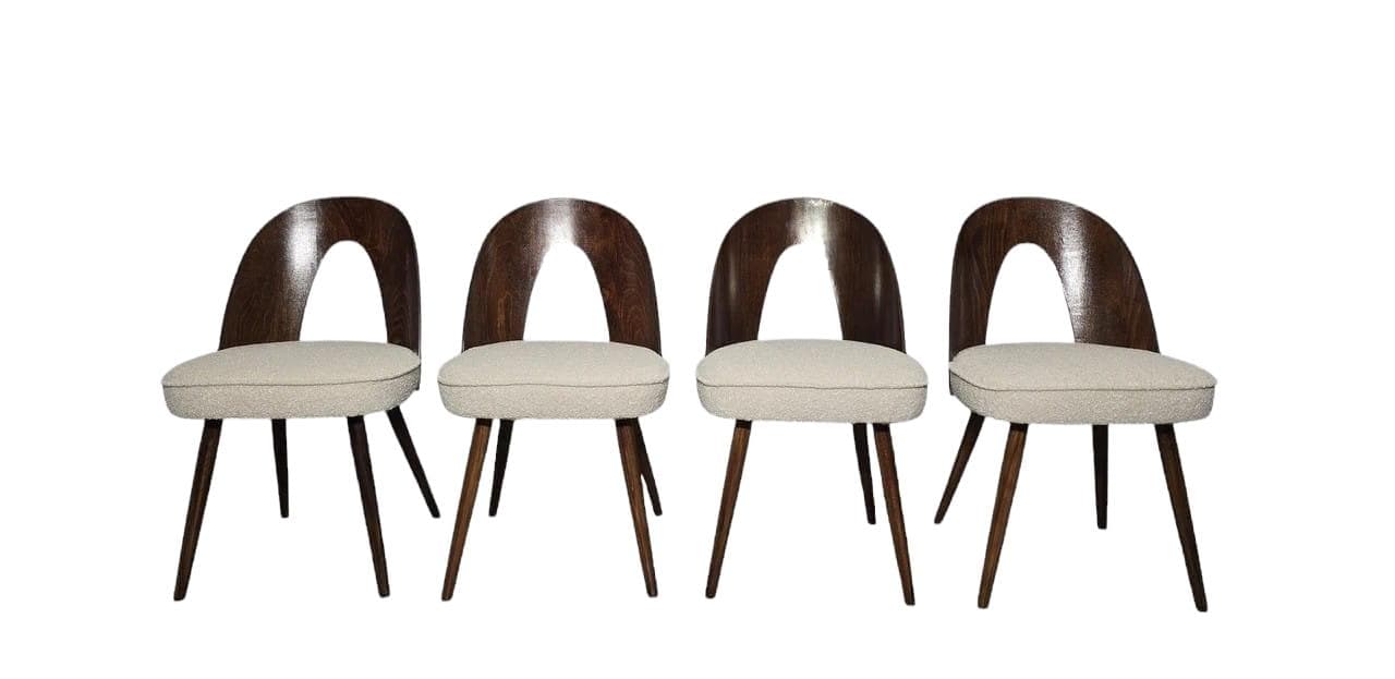 Set of four chairs, beige bouclé, walnut plywood, by A. Suman, Tatra Nabytok, Czechoslovakia, 1960s.