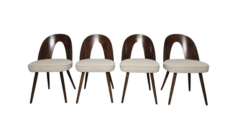Set of four chairs, beige bouclé, walnut plywood, by A. Suman, Tatra Nabytok, Czechoslovakia, 1960s.