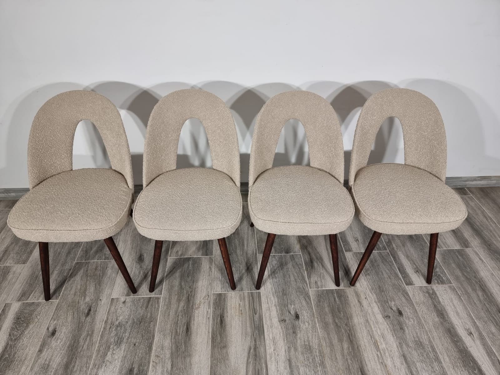 Set of chairs, beige bouclé, dark brown wood, by A. Suman, Tatra Nabytok, Czechoslovakia, 1960s. - 48252