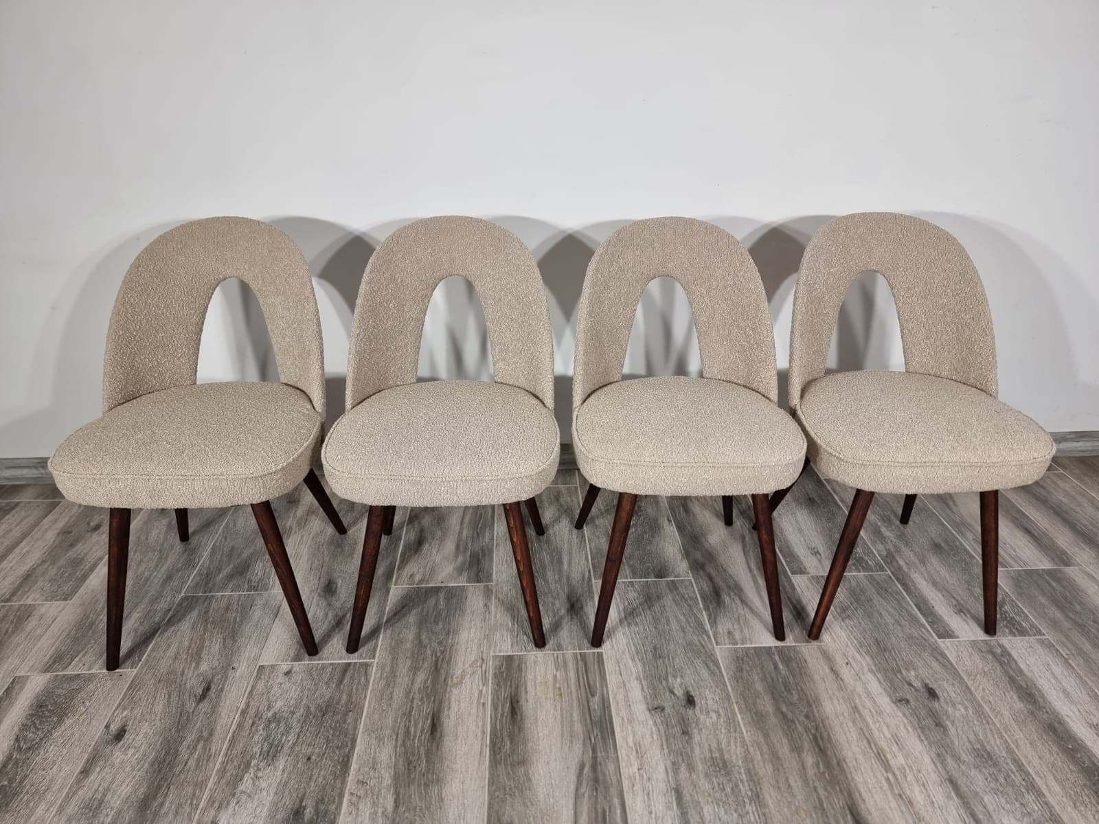 Set of chairs, beige bouclé, dark brown wood, by A. Suman, Tatra Nabytok, Czechoslovakia, 1960s. - 48250