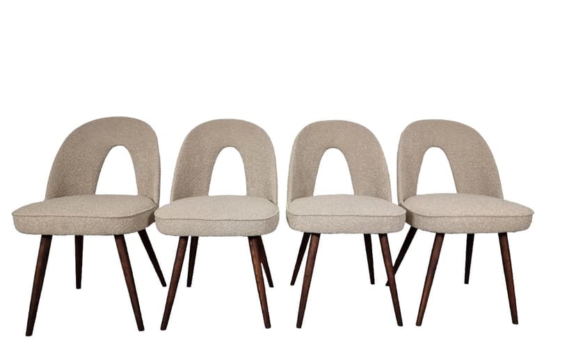 Set of chairs, beige bouclé, dark brown wood, by A. Suman, Tatra Nabytok, Czechoslovakia, 1960s.