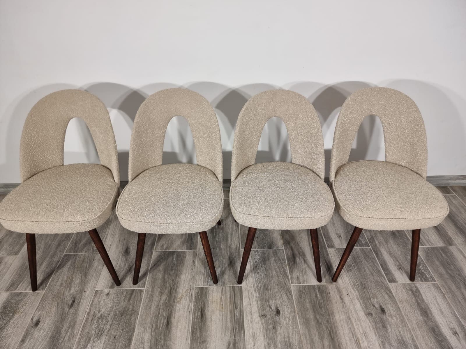 Set of chairs, beige bouclé, dark brown wood, by A. Suman, Tatra Nabytok, Czechoslovakia, 1960s. - 48251